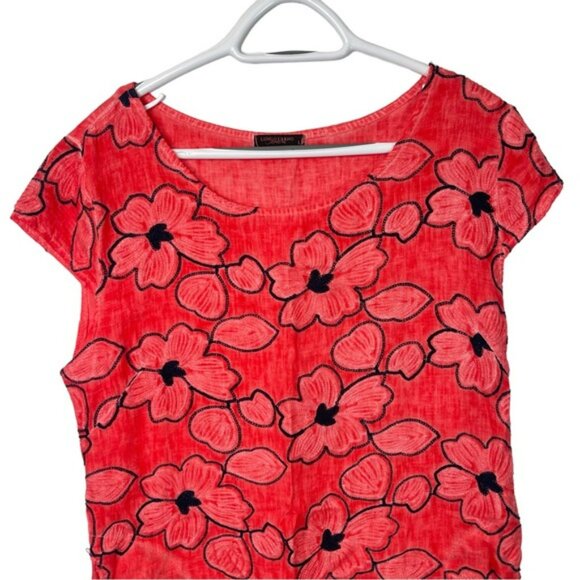 Lungo L’Arno Women’s Red Floral Linen MIDI Dress Bloomchic Cap Sleeve Size Large - Picture 2 of 11